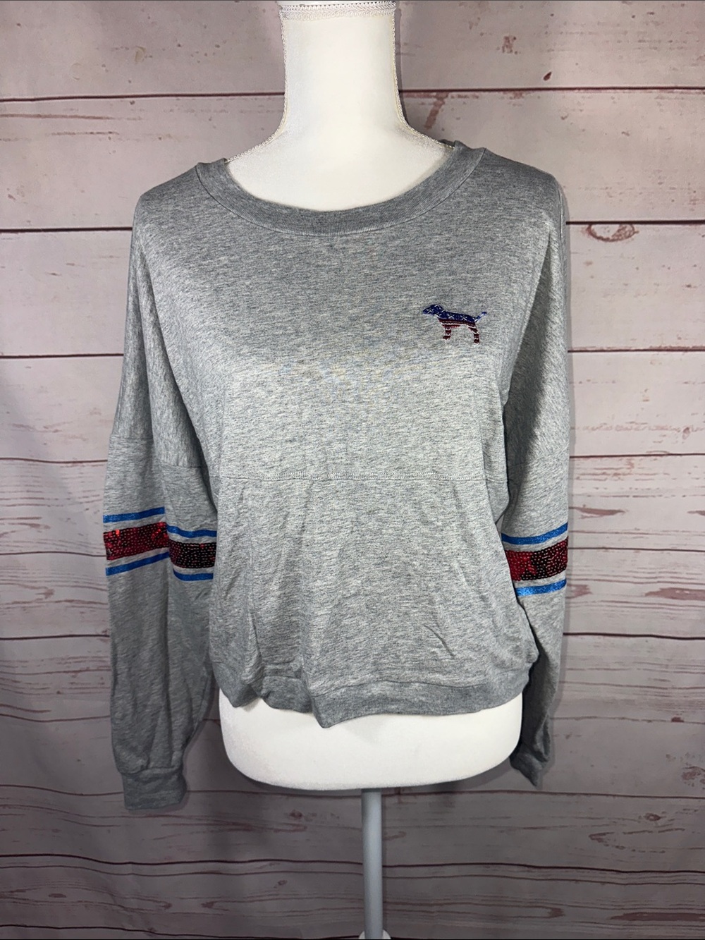 PINK Light Gray Women's Pullover Sweater with Striped Sleeve Detail